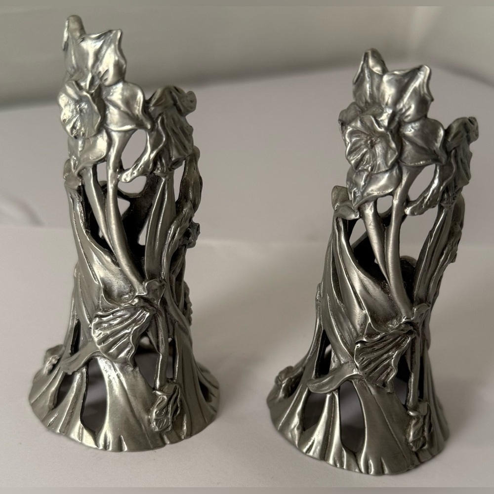 Pr  1990 Seagull Signed Pewter Taper Candle Holder CANDLESTICKS Daffodil Pattern
